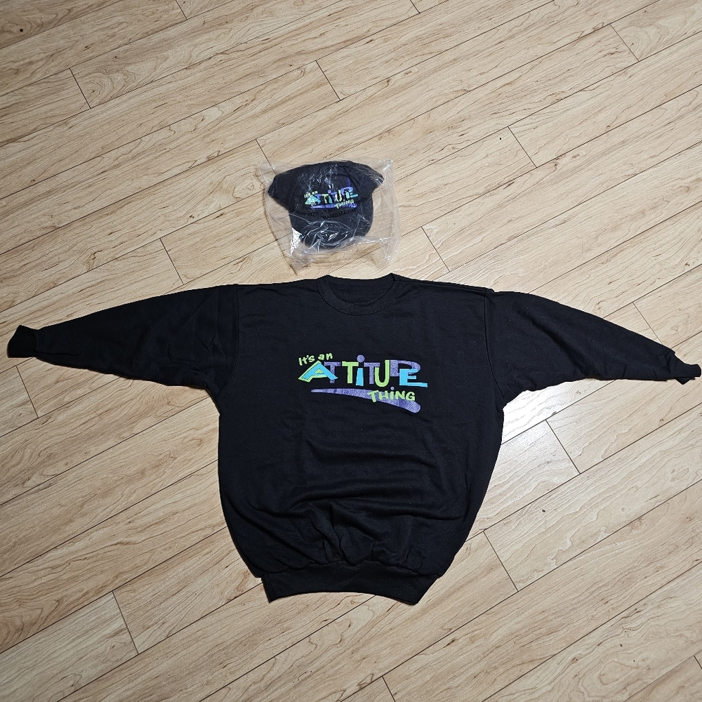 Vintage Sweatshirt Crewneck w Hat Snapback "It's An Attitude Thing!" 90s Sweater